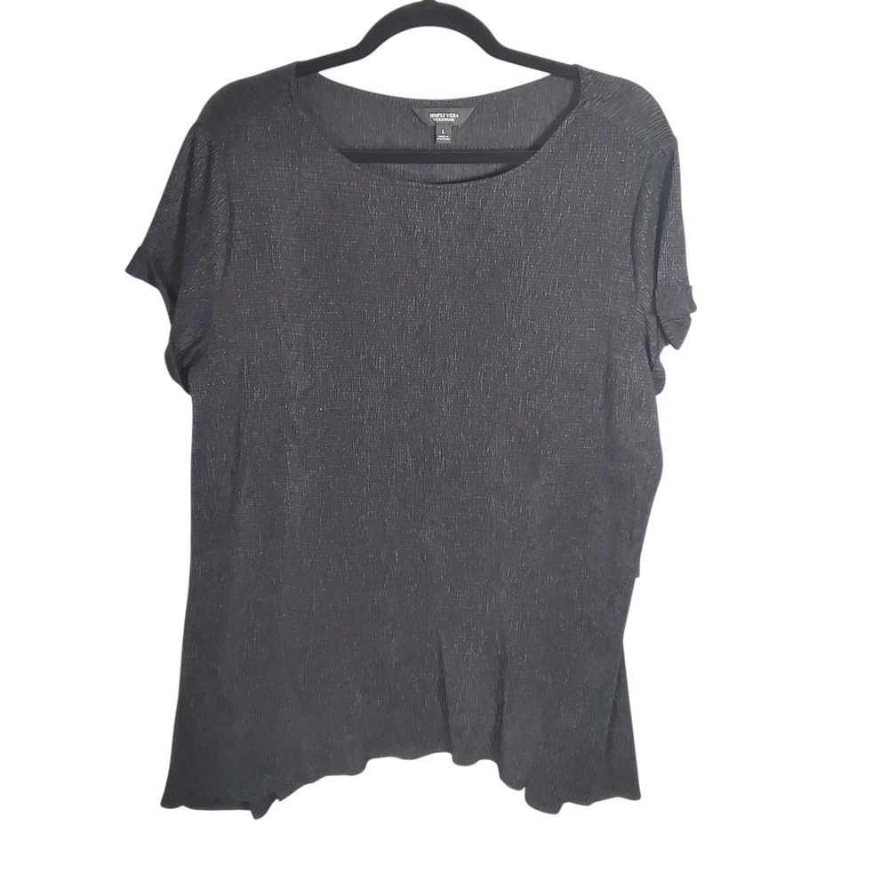 Simply Vera Wang Plisse Crinkle Short Sleeve Top Black Pure Night Large NWT